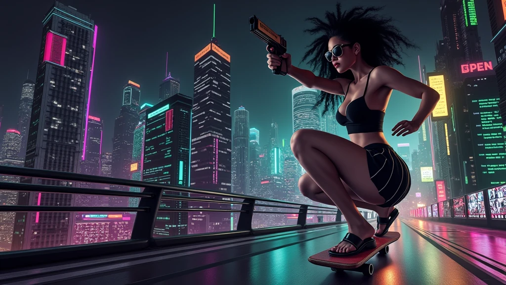 Matrix inspired futuristic cityscapes with colorful all-glass outlined towering skyscrapers with lightning, flying vehicle. High-resolution OLED GUI interfaces in the building, The windows are filled with transparent data visualization infographics that show it all, very close-up green glowing cascading code. Colors are saturated and vibrant. At night, (1 female assassin crouching on a skateboard, solo, alone), photorealistic, large-breast slim:0.6 body, oval:0.5 face, black mini bra, cleavage:1.1, deep-v, very low angle view of black pleated miniskirt, white panty, (upskirt), glove, (Matrix style black micro sunglasses), (aiming viewer with a short gun), dynamic skateboard jumping pose, (full-body thigh level close-up:2.0 shot), cinematic lighting, ray tracing, motion blur background.