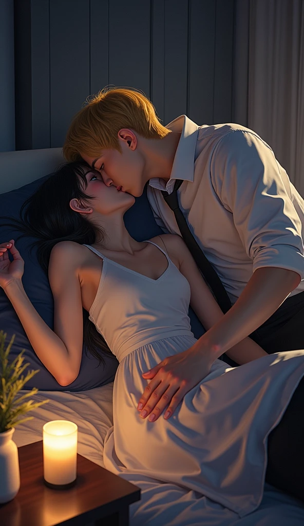 (32K:1.9, Realistic:1.9, Highest quality, masterpiece, Ultra-high resolution), Perfect dynamic composition:1.3, Highly detailed skin and facial textures:1.3, (Cute sexy slim Japanese schoolgirl, height: 155cm), (Slimman, Length 180cm), ((both are lying on the bed。, A man gives a pillow to a woman。:1.3, to kiss:1.4)), Fair skin, ((Clarity:1.1)), (Man wearing formal uniform, Bright yellow hair, beautiful目:1.3), (The woman is wearing a pure white camisole dress, Straight black hair:1.3, smile:0.9, A man completely charms a woman:0.9, beautiful Blue Eyes, beautiful, Clear Eyes:0.8), Sexy Face:0.4, blush:1.1, ((beautifulエロティシズムを醸し出す雰囲気:1.0, Professional random camera work:1.0, Cinematic Lighting Effects:1.0, romantic:1.0, artistic:1.0, mysterious:1.0)), Too erotic, Object of admiration, original, dramatic, Innovative, charm, Heartful, Fancy, Tilt, sense of loss, special, exciting, Extreme, sense of openness, joy, joyの表現, ((若さのcharm, 女性的なcharm))