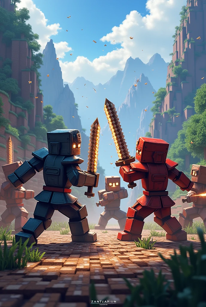 minecraft with several subjects equipped with armor fighting each other with a logo that says ZANTUARIUM