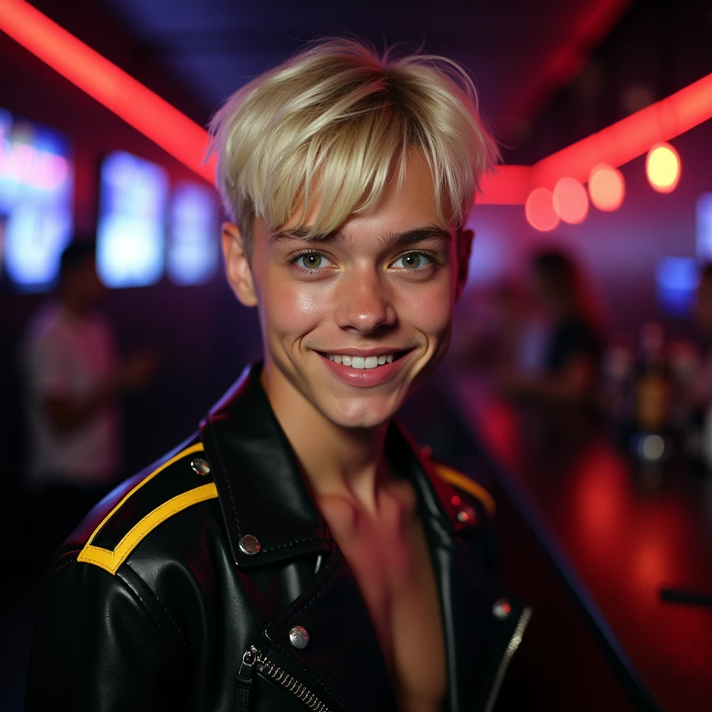 photograph head shot, attractive teen 22 year-old male model, very short layered platinum blond hair with side swept bangs, skinny svelte body, incredulous smirking expression, almond shaped eyes, very pale skin tone, 16k, extremely detailed skin, black leather jacket with yellow accents on shoulders, inside private night club