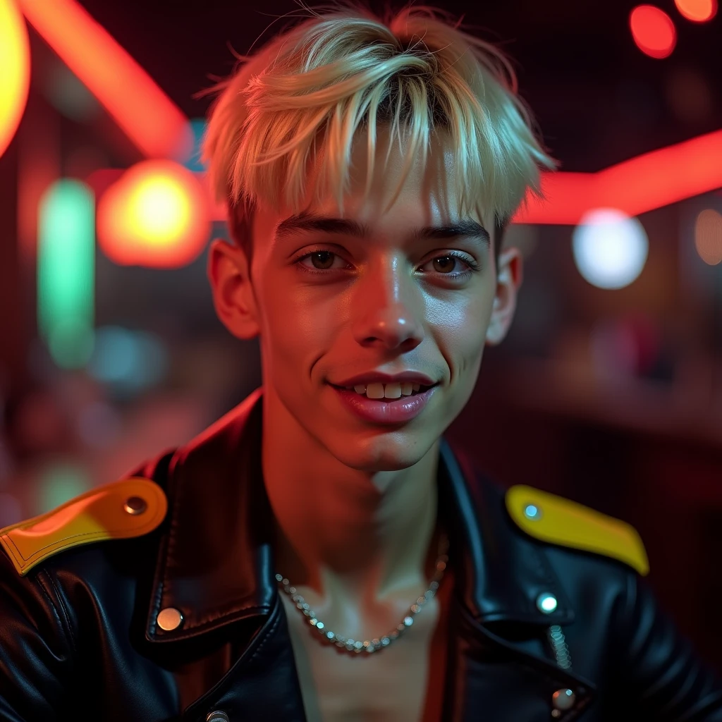 photograph head shot, attractive 22 year-old male model, very short layered platinum blond hair with side swept bangs, skinny svelte body, incredulous smirking expression, almond shaped eyes, very pale skin tone, 16k, extremely detailed skin, black leather jacket with yellow accents on shoulders, inside private night club