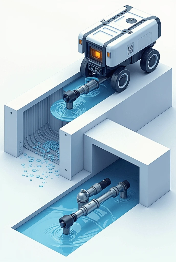 Make a drawing of isogrpahic and orthographic view of the invention drainage solution that looks like an automated drain/gutter cleaner. Label its parts. Include a sensor rotary motion.