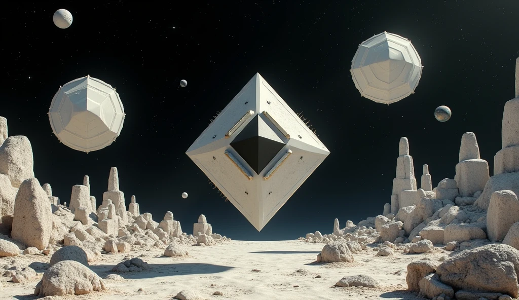 Floating geometrical 3d shapes levitating above ground on a weird landscape filled with old mechanical parts remnants from past civilization. Odd shapes of rock formations are scattered around. It's night time with pitch black sky full of stars and planets. Realistic, hyperrealism, high resolution, 4k hdr, volumetric lighting, extreme quality, sharp details, extremely detailed render. Photography, Photorealistic, realism, extreme detail, high quality graphics, ultra realistic, hyperrealism, high resolution, extreme quality, masterpiece, 4k hdr