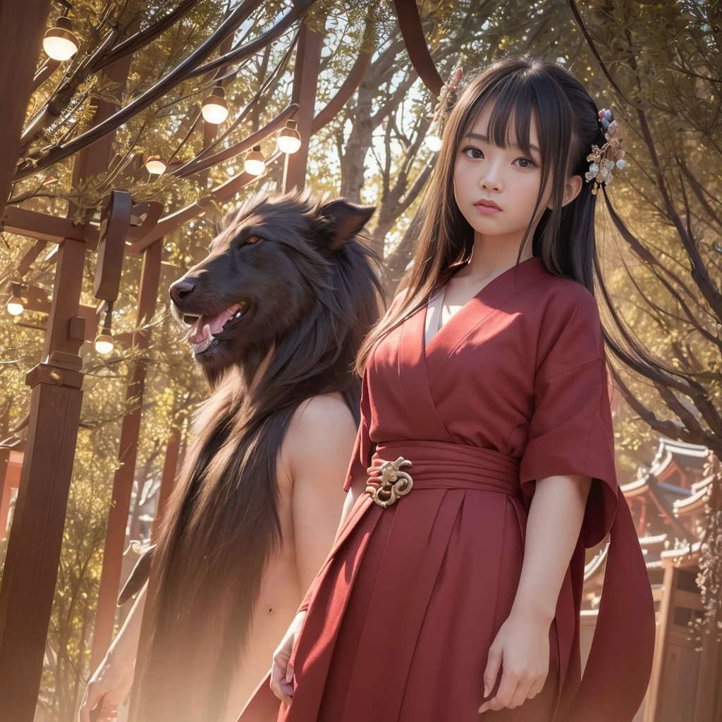 (8K, RAW Photo, Top Quality, Refined Details, Masterpiece: 1.2), (High Resolution 8K Wallpaper), Sharp Focus, Professional Lighting, Depth of Field, Cinematic Lighting, Background Blur,A scene featuring divine beasts and shrine maidens, inspired by Japanese mystical tales.