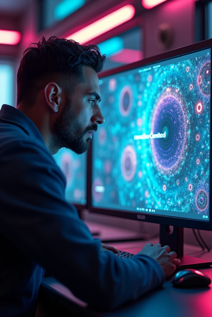 Create a man with the following characteristics Looking at a PC with a shiny look with all these details and on the giant computer screen written FT trader memes, surreal, digitl art, brain waves, flow of information, cultural transmission, subconscious, abstract pattern, psychedelic, neon colors, glitch art, cyber punk, cinematic lighting, hyper detailled, 8k, photorrealistic, Volumetric, Ray traced, studio lighting, swirly vibrant colors, psychedelic elements, viral content, social media, cultural phenomenon