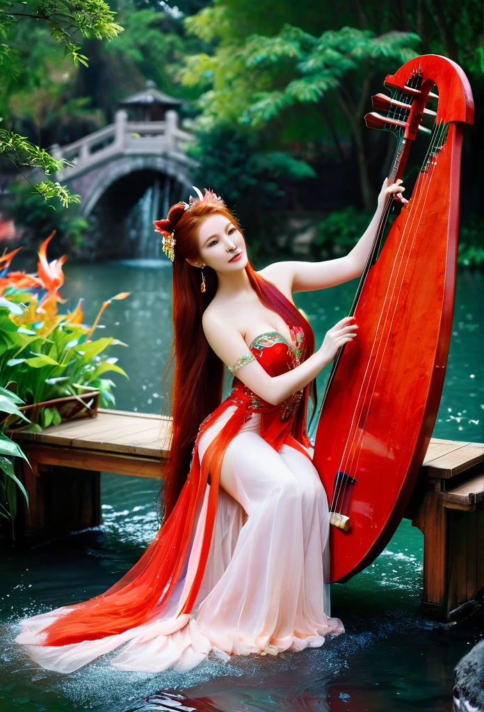 garden,Small bridge and flowing water,red phoenix woman,Flowing long red hair,Eichhornia,Present beauty,Elegant,Large Breasts,Present beauty的身材,Wearing a red phoenix costume,Sitting on the board,Solo Phoenix Guzheng.High resolution, masterpiece, best quality, high detail, Ultra high quality,