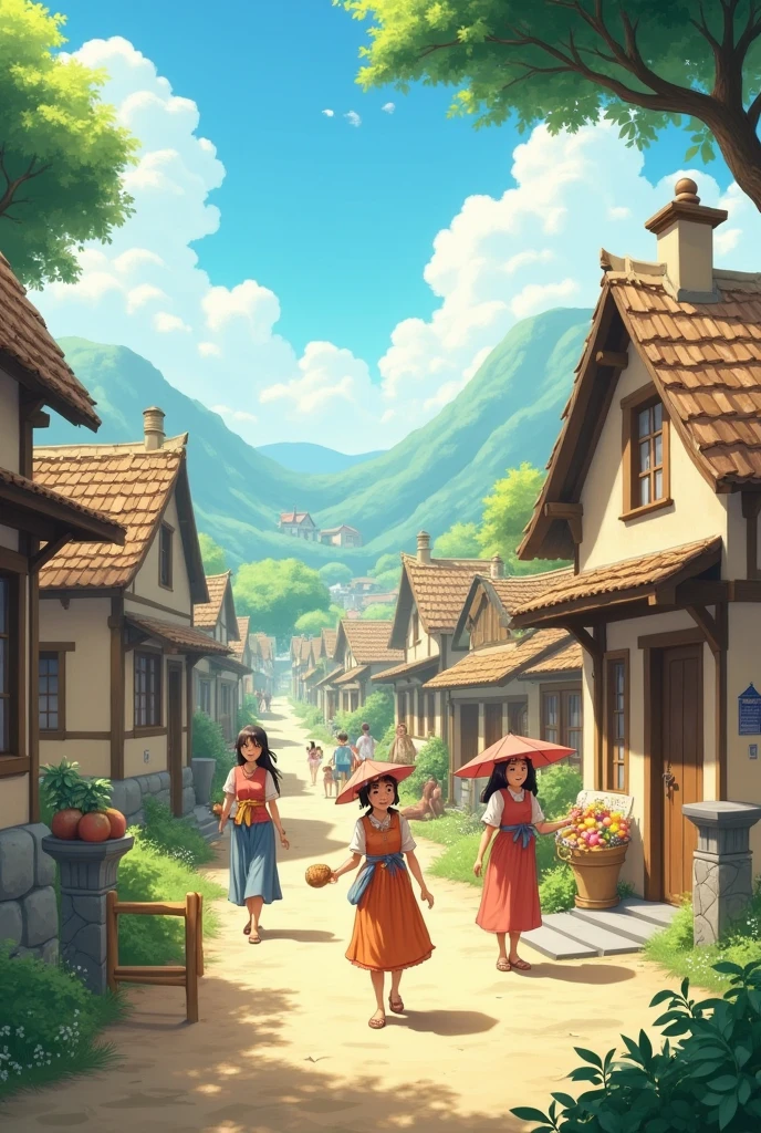 Le village sous un ciel clair et ensoleillé, les habitants souriant et retournant à leurs activités quotidiennes.