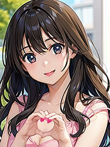Girl, cute, adorable, smiling, from chest up, straight hair, long hair, black hair, clear weather, sunlight, from above, looking at the camera, heart hands,
make a heart(shape) with fingers, my room, daytime, bra top