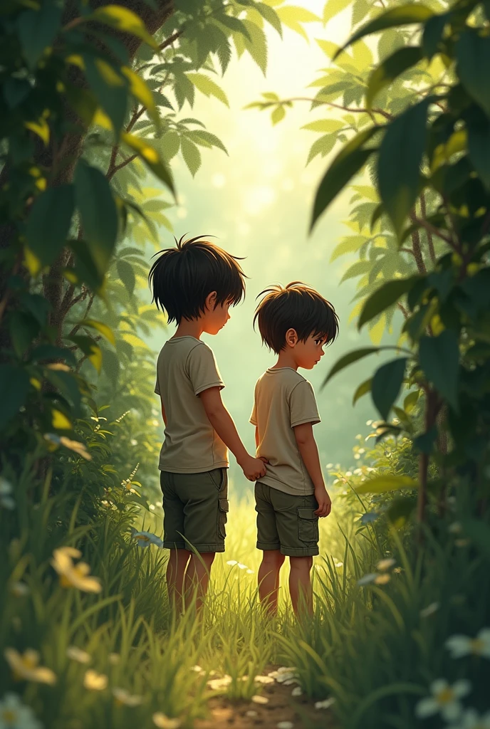 A boy of about  urinating with his younger brother in some bushes
