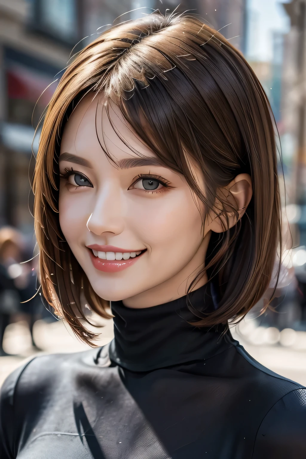 ((masterpiece)), ((Highest quality)), ((Complex)), ((Surreal)), (Realistic), (Mature Woman), ((No classes)), Very detailed, (1 female), Beautiful and exquisite, (Beautiful Teeth), Grin, Brunette bob hair, Brown eyes, ((Blue turtleneck)), (Upper Body), (background:none), Perfect Eyes, Captivating eyes, Looking at the audience