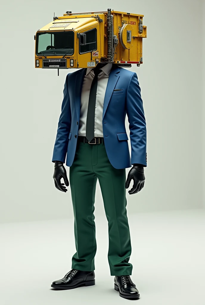 A humanoid being with the main characteristic of having a head replaced by a garbage truck, he wears a blue suit with a blue tie and green pants, he wears black leather gloves and shoes