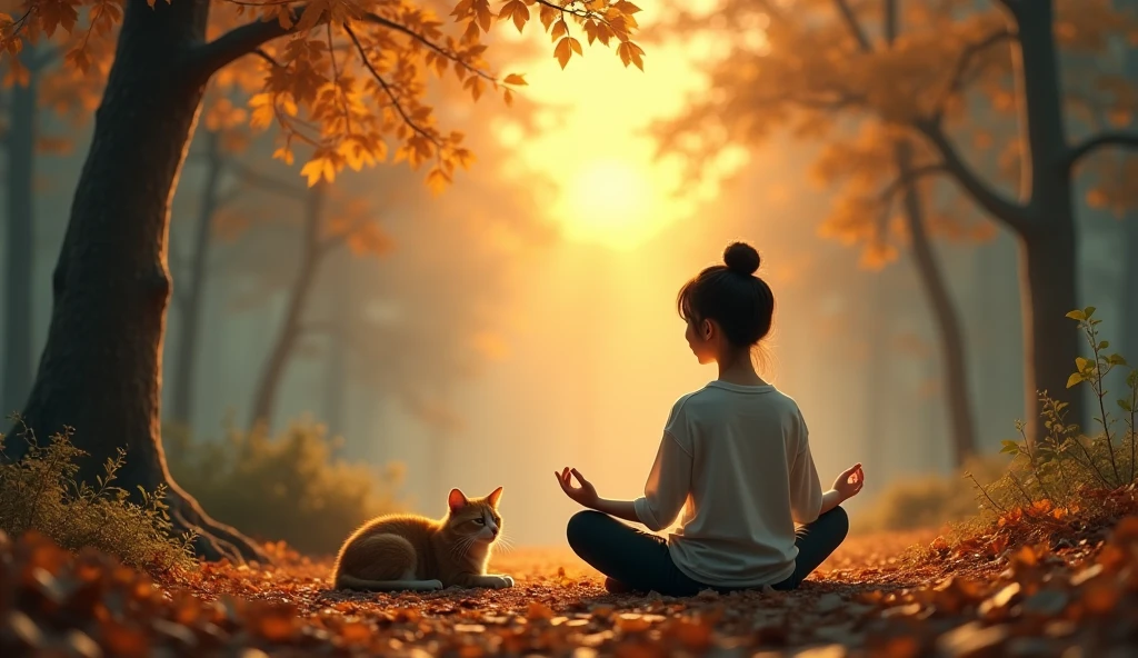 An Asian person sitting in meditation in a quiet forest, as the sun begins to rise. Next to you, a cat rests peacefully, watching the golden light coming through the trees. The fallen leaves around create a cozy atmosphere, where serenity is shared between human and animal.