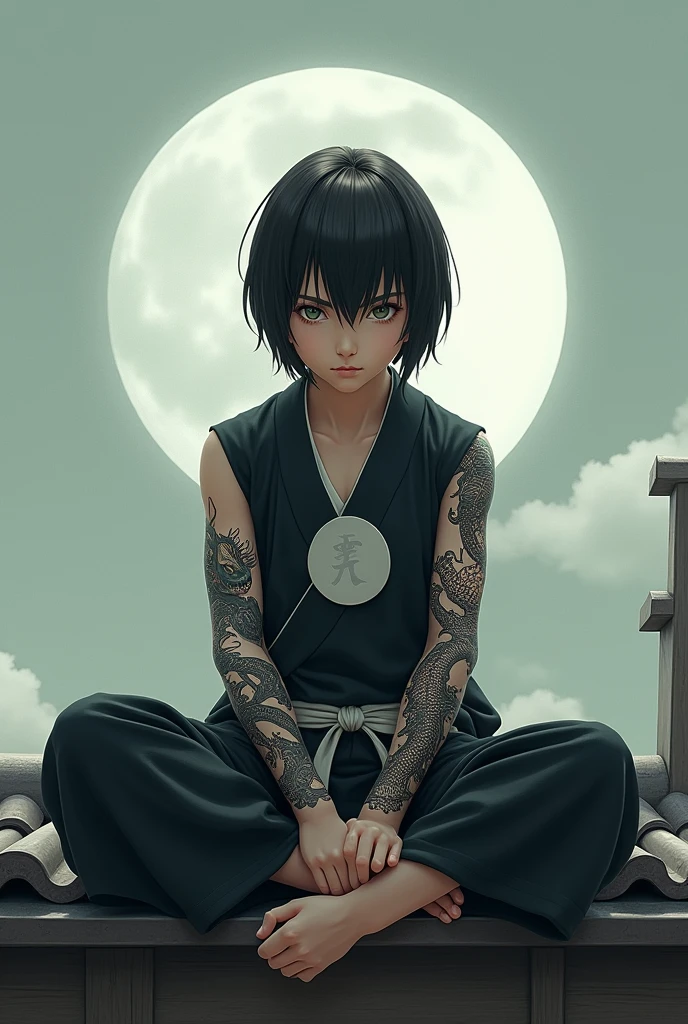 A boy sitting on the roof of a house, wearing ninja clothes with a white circle as a logo, his straight shaved hair, reaches near his shoulders but not too much, his eyes are dull green, he has a tattoo on his torso on the right side, he has another one that stands out on his entire arm of a dragon