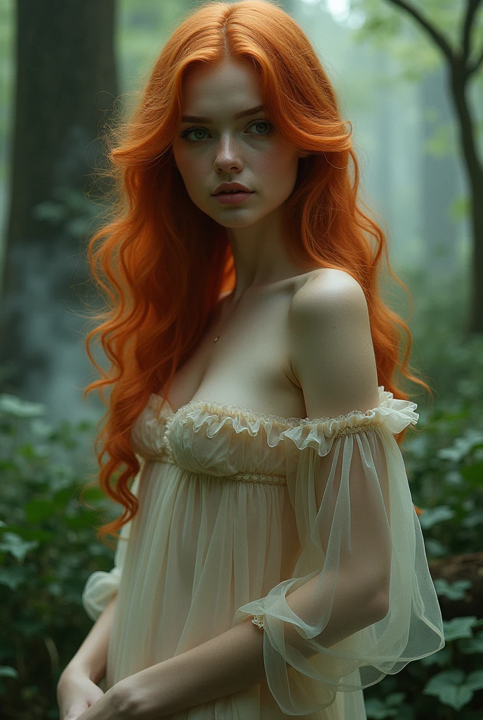 There is a woman with red hair posing in a forest, ethereal beauty, redhead girl, redhead goddess, in the forest, redhead woman, redhead, very ethereal, sensual woman, beautiful redhead woman, in the forest, wrapped in transparent fabric, mist, ethereal and dreamy, with pale skin, she is redhead, veiled in mist, Incredibly ethereal, in the forest. analog photography