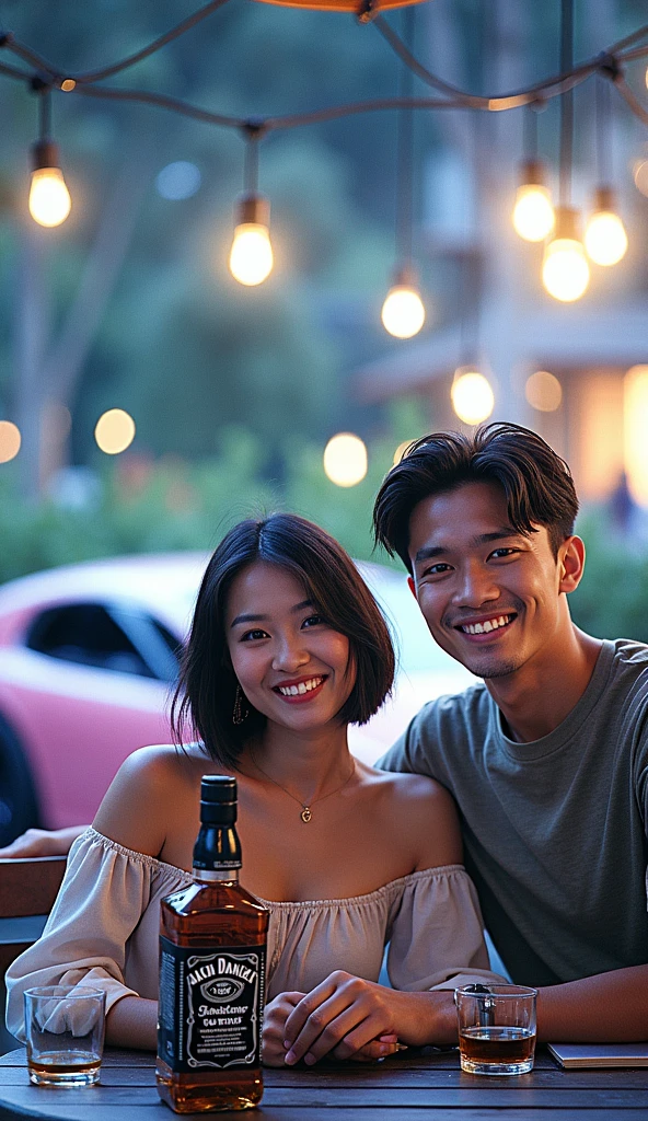 Very real, Beautiful evening atmosphere in an outdoor cafe, seorang pria tampan indonesia rambut pendek rapih tersenyum face is clearly visible memakai tshirt duduk disebuah kursi cafe outdoor bersama seorang wanita indonesia cantik tersenyum rambut shagy bob tersenyum memakai gaun of shoulders.face is clearly visible, In front of them was a table with two drinking glasses and a bottle of Jack Daniels. The atmosphere on the side of the road, there is a parked Lamborghini, The lights emit a very beautiful light. Very bright lighting. They both look at the camera., fashion, photo