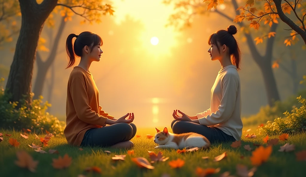 2 Asian person sitting in meditation in a calm forest, as the sun begins to rise. Next to you, a cat rests peacefully, watching the golden light coming through the trees. The fallen leaves around create a cozy atmosphere, where serenity is shared between human and animal.