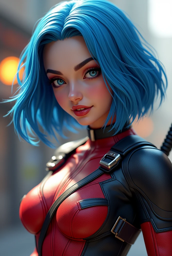 girl deadpool, short hair, blue hair, long bob hair, big breasts, slender body shape, Dynamic Frame, 8K, best quality, masterpiece, photorealistic, high resolution, solo, 1 girl, realistic and detailed skin, realistic, 