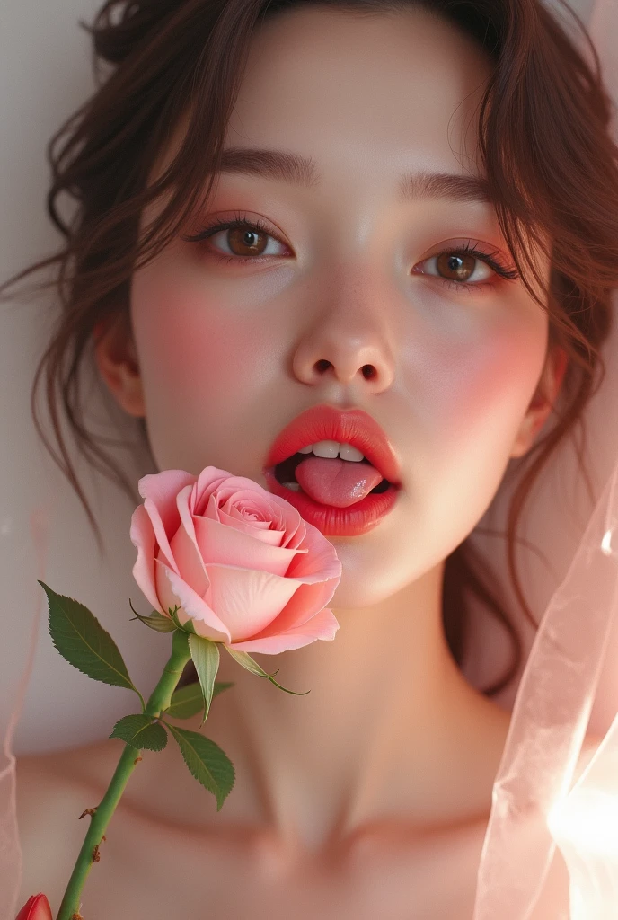 There is a woman with a rose in her mouth and tongue., licking, Aesthetic!!!!, licking tongue, Aesthetic!!!!!!!!, Aesthetic!!, soft and cooing tongue, Aesthetic!!!!!!, Aesthetic!!!!!, Aesthetic!!!, very Aesthetic!!!!!!, inspired by Hedi Xandt, Pink lips, very Aesthetic!!!!!!!!!!!!!!!, tongue out, by Hedi Xandt