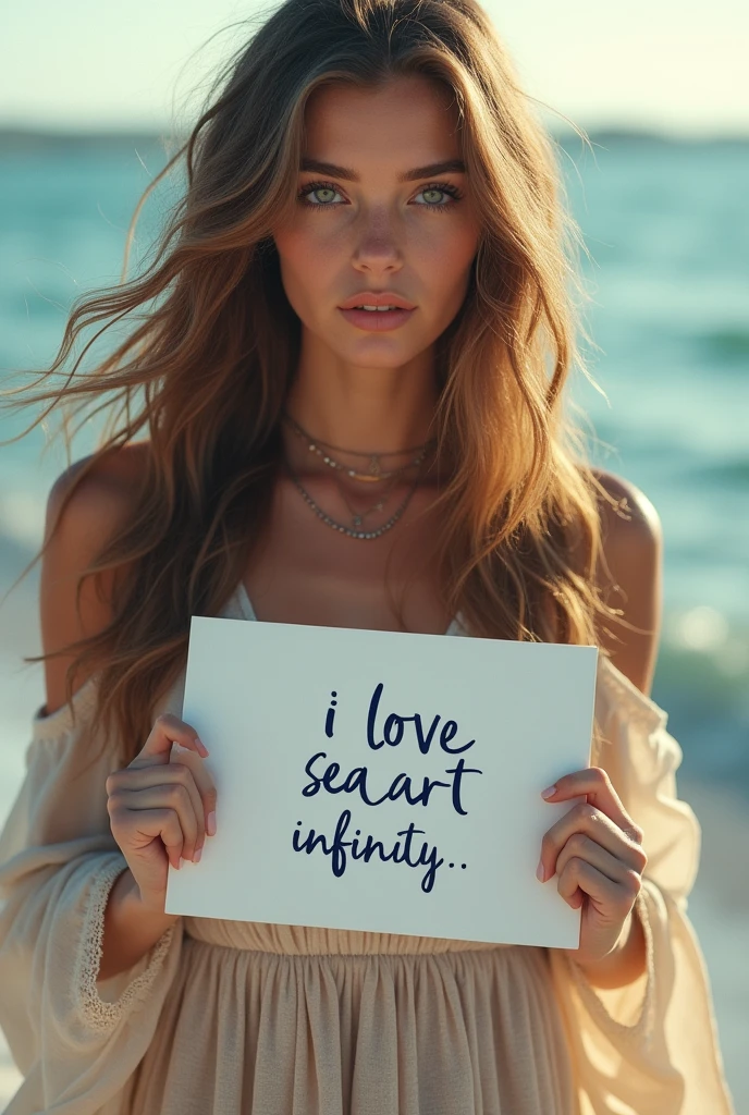 Beautiful girl with wavy long hair, bohemian dress, holding a white board with text "I Love Seaart Infinity" and showing it to the viewer