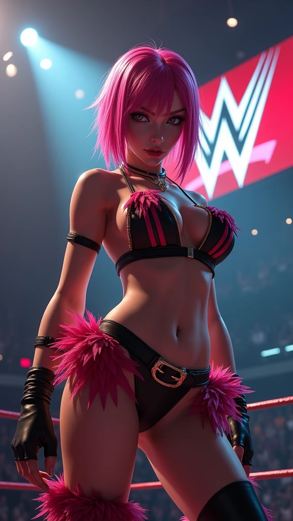 a sexy muscular Tifa Lockhart (Final Fantasy VII) wrestler with bright hot pink bobbed haircut, wearing a revealing Tifa Lockhart (Final Fantasy VII) feather outfit, posing confidently in a wrestling ring corner on the ropes, with a WWE-style logo in the background, dramatic lighting and intense expression. Use perfect ratio composition, (Tifa Lockhart Final Fantasy VII:1.4)