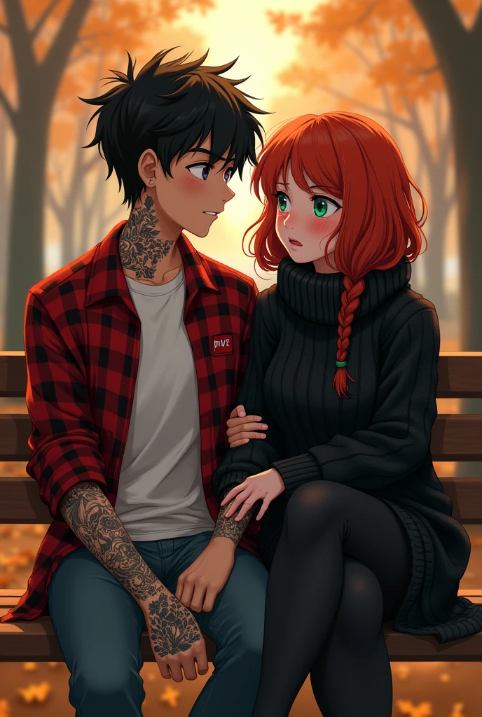 Two people sitting on a park bench, Black haired boy with his arms full of tattoos, a red plaid shirt,grey eyes. sitting two meters away next to a red-haired girl with green eyes and lots of freckles, She is dressed in a thick black sweater, He has an annoyed and blushing expression. and the boy is smiling.