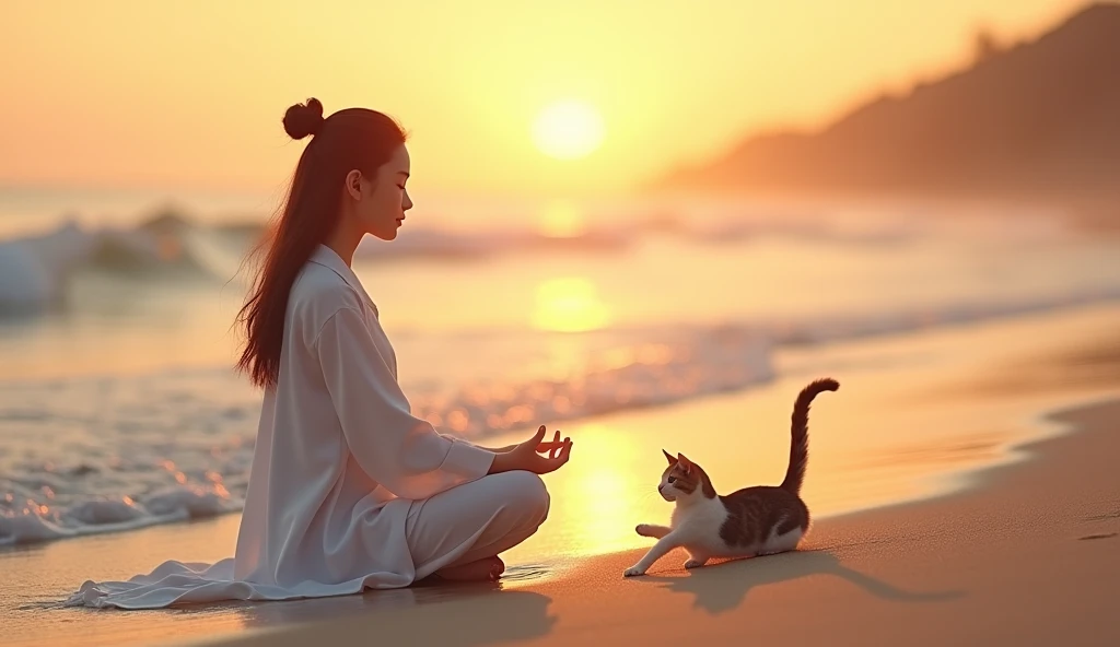 An Asian person sitting on the fine sand of a deserted beach at dawn, meditating as the sun begins to rise on the horizon. next to her, your cat gently plays with the waves that come and go, reflecting the soft light of the rising sun, creating a moment of harmony between nature, who is an animal.