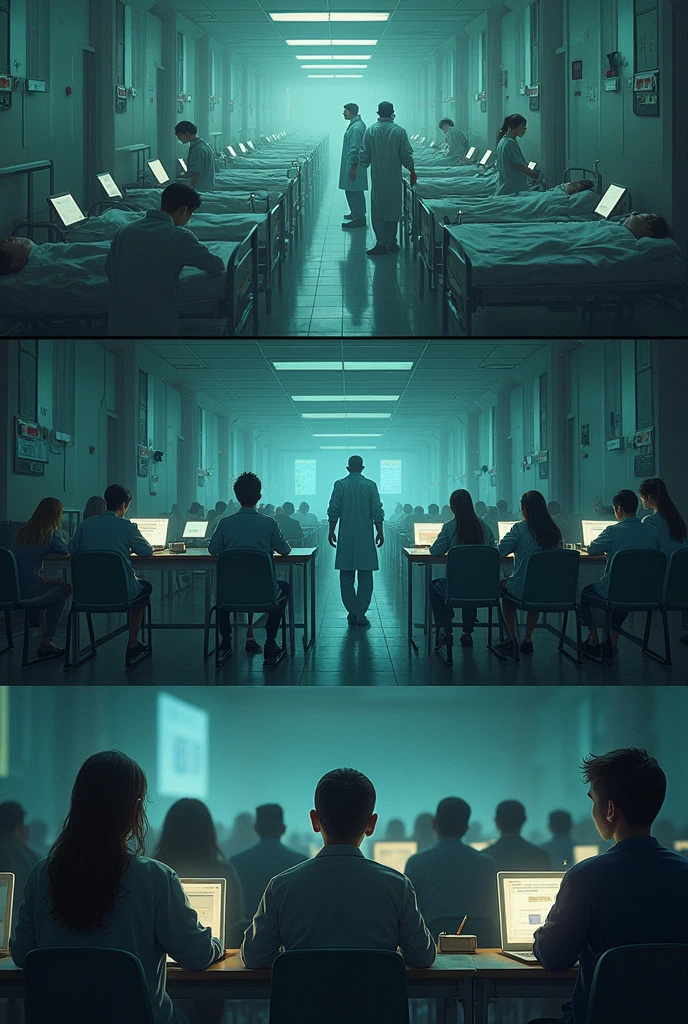 Make a unique image of COVID 19, for example, how it affected the population, for example in hospitals, in the educational area, etc.