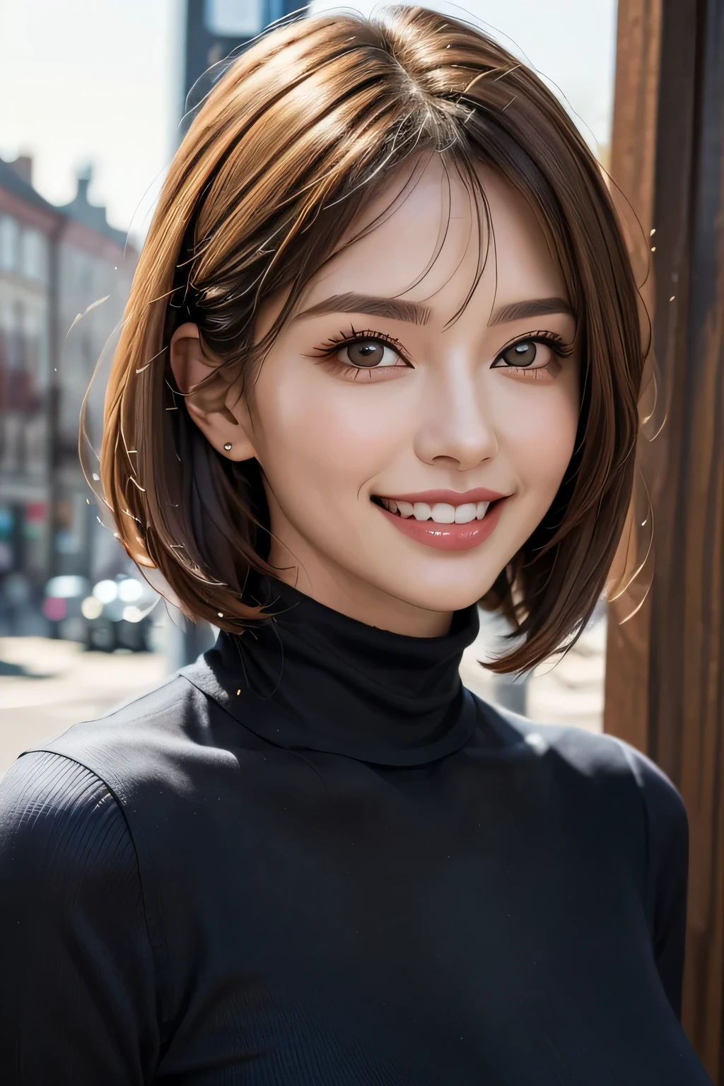 ((masterpiece)), ((Highest quality)), ((Complex)), ((Surreal)), (Realistic), (Mature Woman), ((No classes)), Very detailed, (1 female), Beautiful and exquisite, (Beautiful Teeth), Grin, Brunette bob hair, Brown eyes, ((Blue turtleneck)), (Upper Body), (background:none), Perfect Eyes, Captivating eyes, Looking at the audience