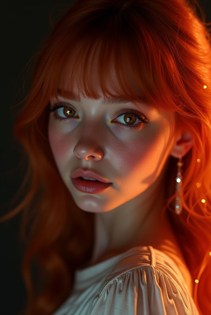 1 girl, star eye, blush, perfect lighting, Red hair, Eyes red, engine unreal, side lighting, face detailed, bangss, shining skin, simple background, darkness background