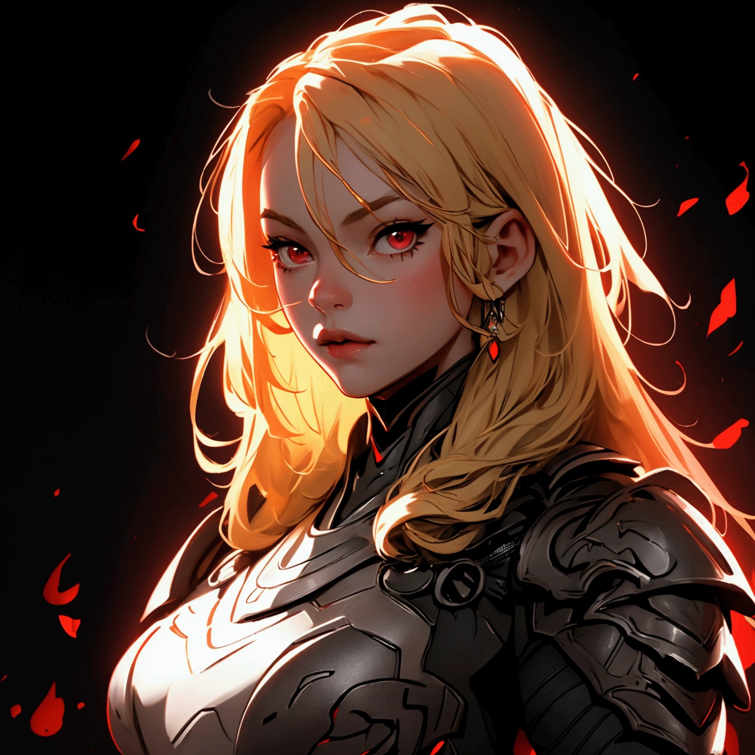 envision a 8k, highres, cinematic, beautiful close up portrait of a girl with pretty mature features with blonde hair, red eyes, goggles, black tight suit, fantasy armor, jrpg inspired armor, in dark lighting, against a dark gray background