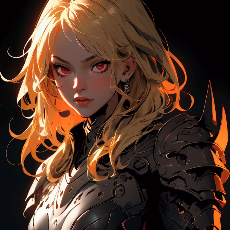 envision a 8k, highres, cinematic, beautiful close up portrait of a girl with pretty mature features with blonde hair, red eyes, goggles, black tight suit, fantasy armor, jrpg inspired armor, in dark lighting, against a dark gray background