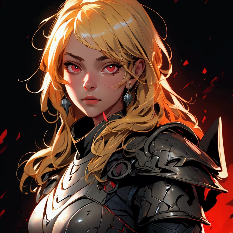 envision a 8k, highres, cinematic, beautiful close up portrait of a girl with pretty mature features with blonde hair, red eyes, goggles, black tight suit, fantasy armor, jrpg inspired armor, in dark lighting, against a dark gray background