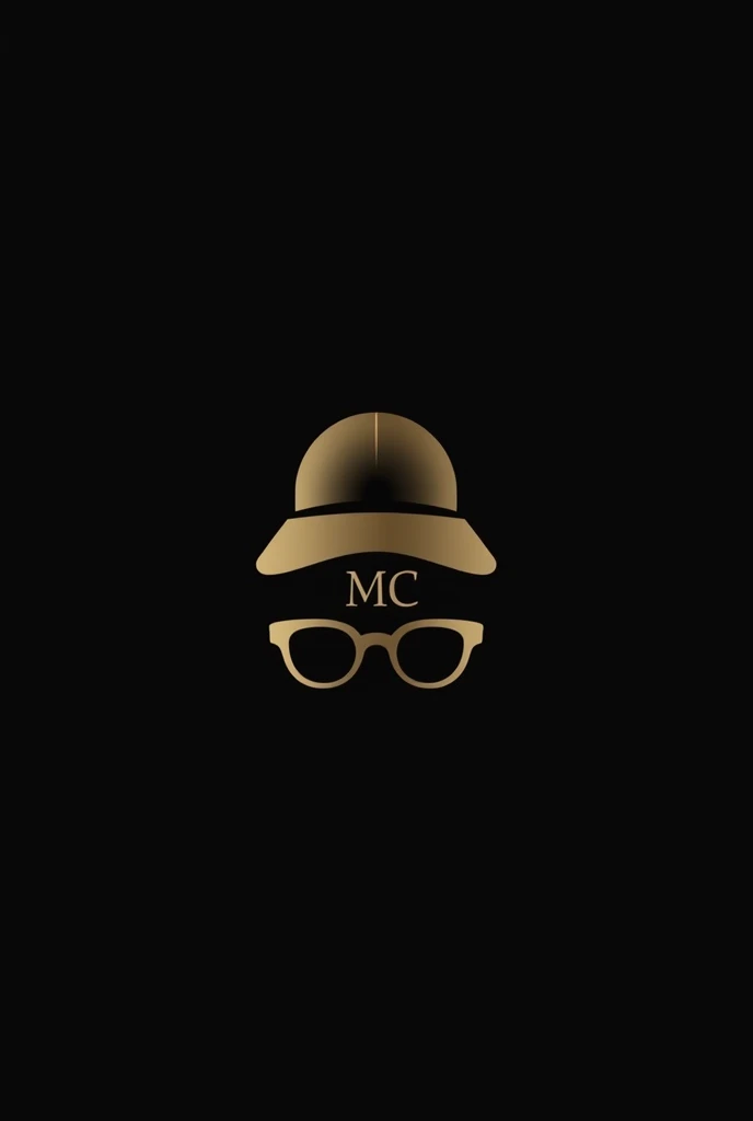 Minimalist logo with glasses and cap, with golden MC letters on a black background