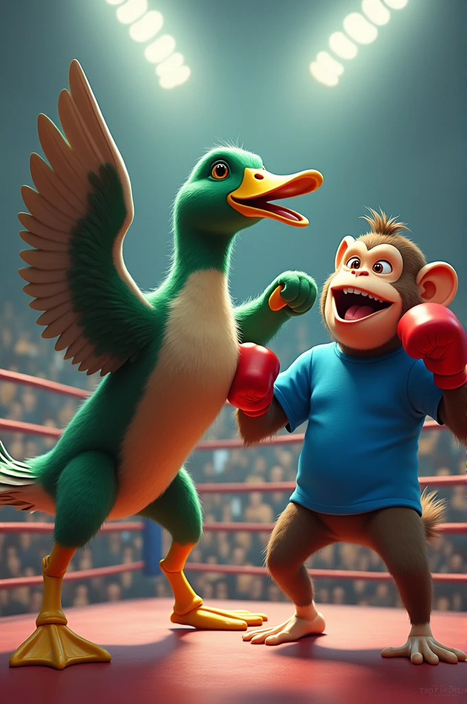 A green-headed mallard duck winning a boxing match against a monkey wearing a blue shirt