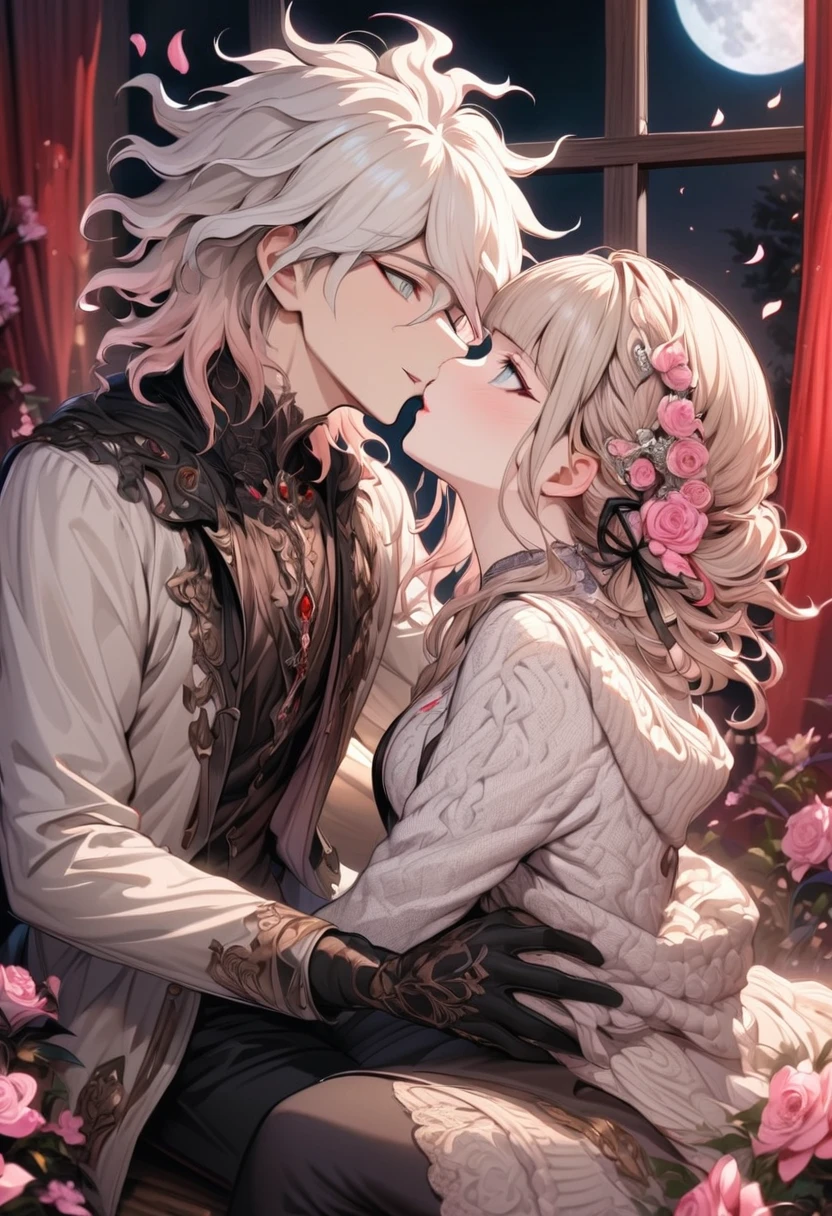 Ultra detailed, highres, absurdres, HDR, master piece, Aida, ash blonde hair with bangs, medium length hair, Danganronpa, black ribbon at the side of her hair, white cardigan with black patterns, Komaeda Nagito, white hair, closed, black pants, couple, in love, pink flowers, petals, moon, window, red curtains, woman together with a man, sharing a kiss, kissing, sitting, handsome, extremely beautiful, best quality, fantasy, magical, black gloves, smiling, close up