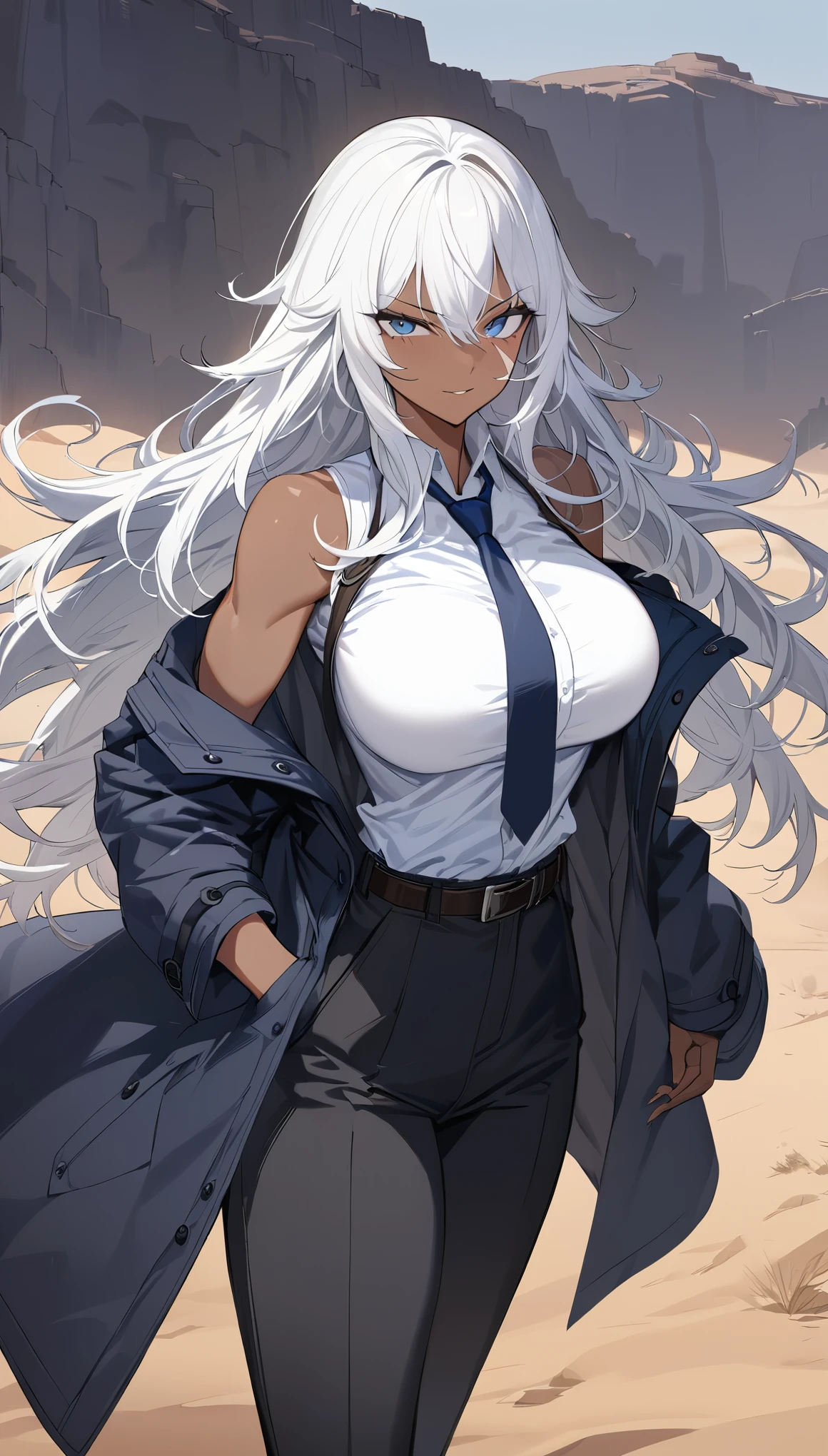 (best quality:1.3), (masterpiece:1.3), (illustration:1.3), (ultra-detailed:1.3), cowboy shot, 1girl, ((white hair)), (((large breasts))), (dark skin), (blue eyes), ((rough hair, long hair)), white shirt, necktie, high collar, unbuttoned shirt, sleeveless shirt, lean build, long coat, dark blue tactical coat, tactical jacket, pouches, black pants, serious expression, mischievous smirk, belt buckle, face scar, straps, off-shoulder coat, hands on pocket, looking at viewer, muscular, webbed belt, stylish coat, ((badge, dark blue cowboy hat, hat, headwear)), outdoors, desert,