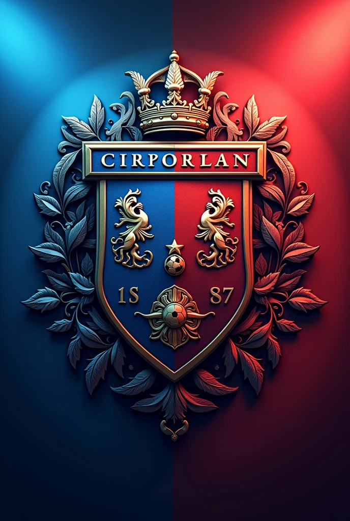 Make a soccer team crest that looks like it's from the first division with the colors blue and red that looks epic and that says the names of the brothers.