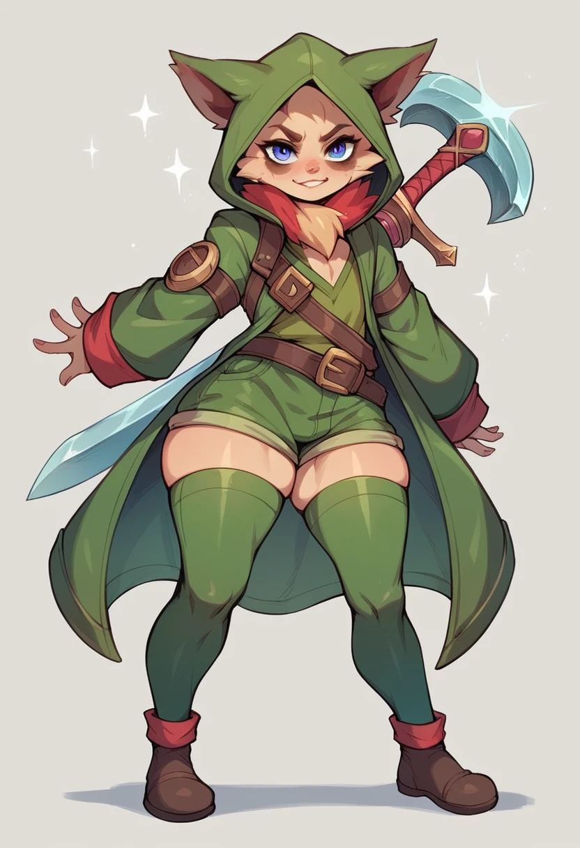 teemo (lol) , femboy figure , hood Coat ,league of legends ART style , big wide hips , legwear, swords