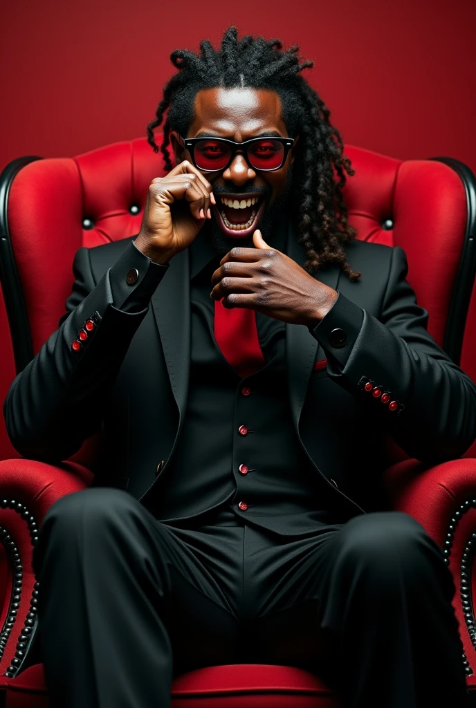 tall black man. 1 meter and 90 with curly hair with braids with ponytail and with a black suit with red details on the suit with an evil face with vampire fangs showing and large appearing he is wearing black glasses with transparent red lenses he will be on a throne with his leg crossed with one hand stretching his mouth and showing his fangs Fangs of the larger teeth much larger and he will be with a toothpick 