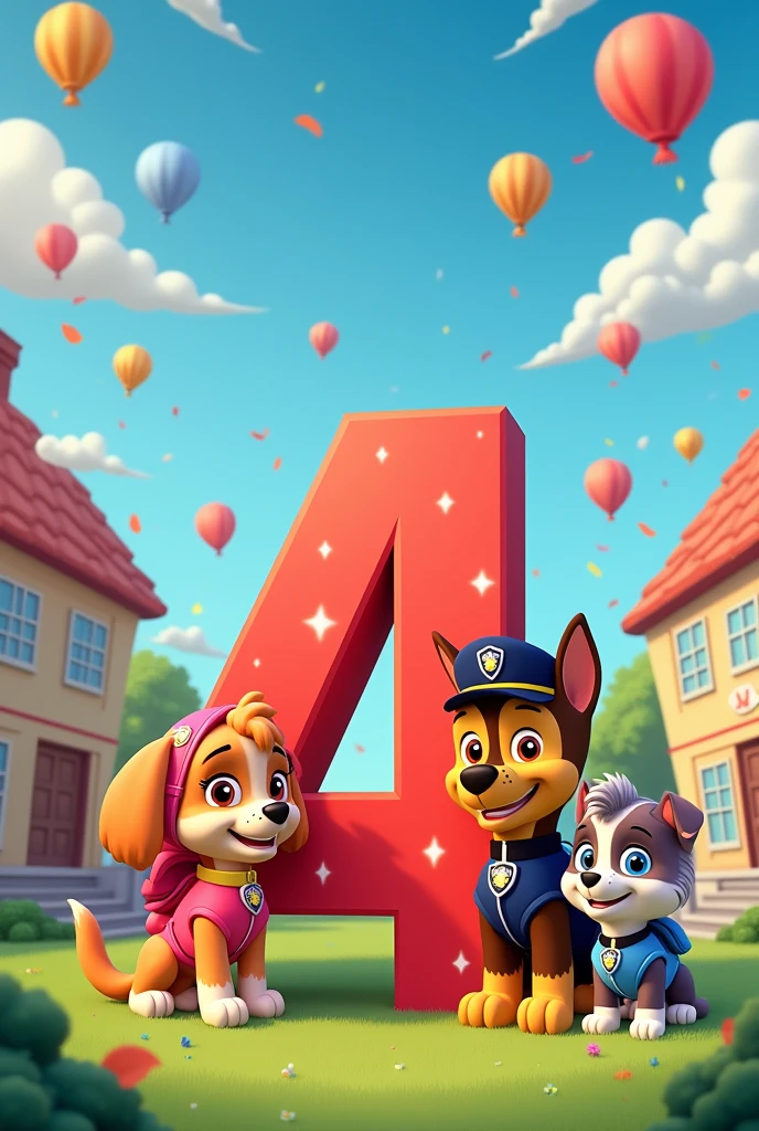 Image to invite to a 4th birthday with a Paw Patrol theme in Spanish, adding the names of Jacob and Antonella that also have the large number 4 written on it