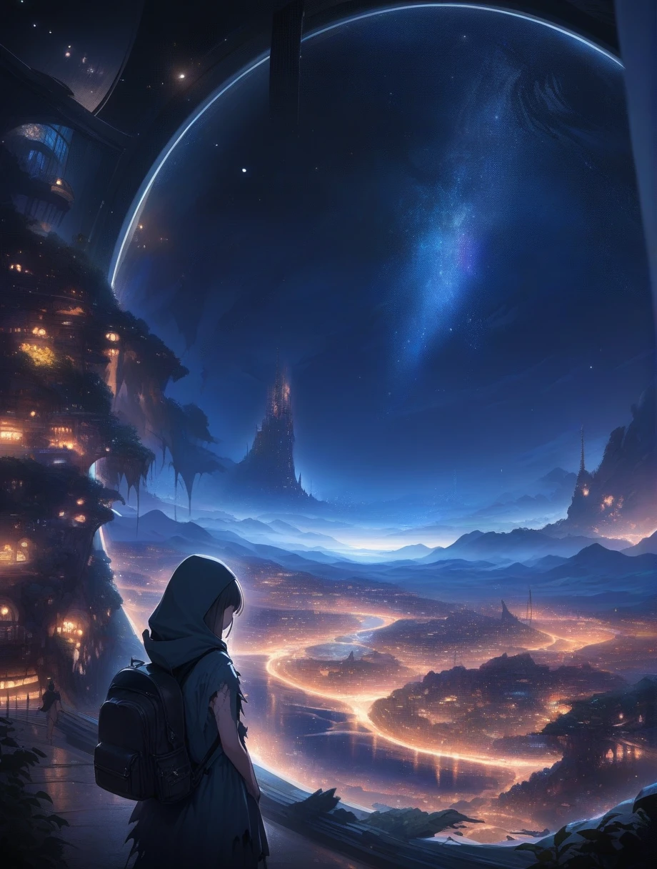 score_9, score_8_up, score_7_up, score_anime, masterpiece, top quality, delicate illustration, sharp lines, sharp focus, BREAK, a traveling girl wandering in the endless night world, the girl wears a hood and has a lot of stuff in her backpack, night , fantastic landscape, beautiful scenery, harmony with nature, spectacular view, space city, (((torn clothes)))