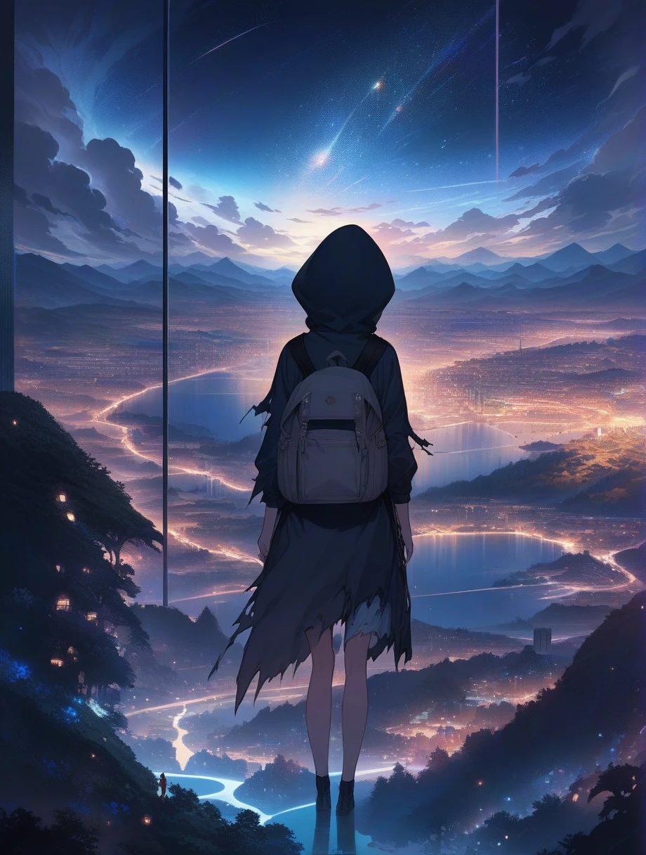 score_9, score_8_up, score_7_up, score_anime, masterpiece, top quality, delicate illustration, sharp lines, sharp focus, BREAK, a traveling girl wandering in the endless night world, the girl wears a hood and has a lot of stuff in her backpack, night , fantastic landscape, beautiful scenery, harmony with nature, spectacular view, space city, (((torn clothes)))