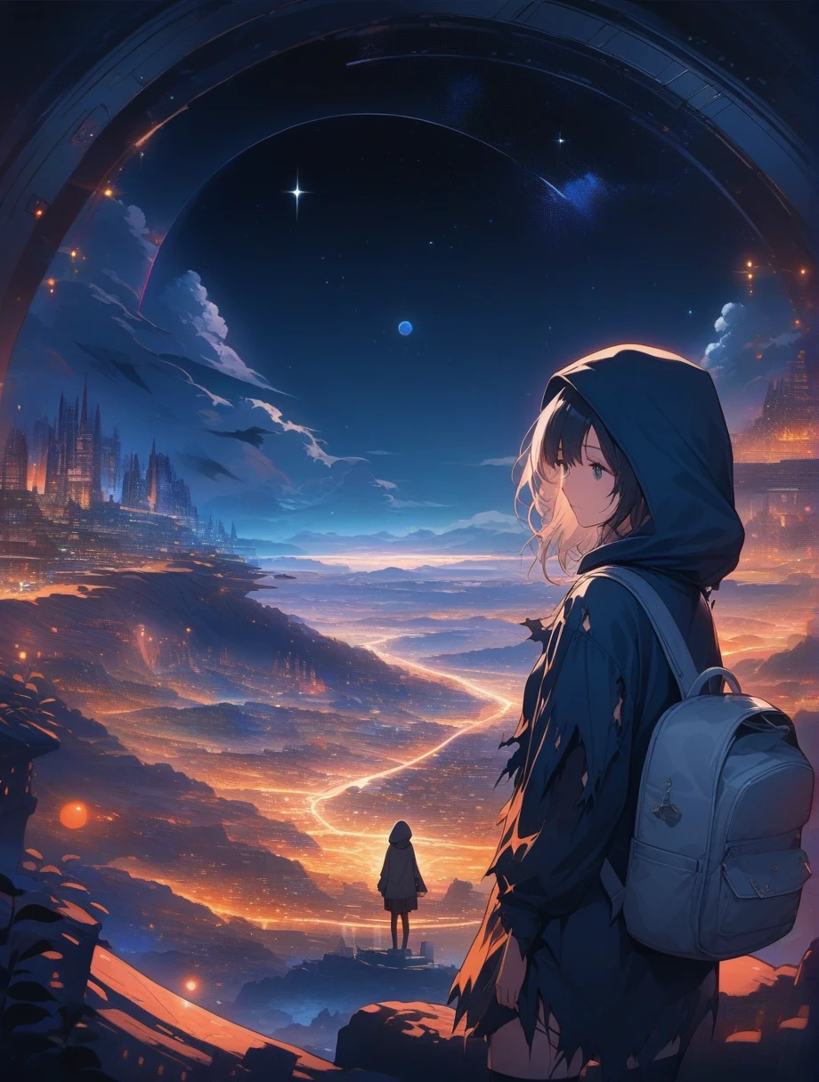 score_9, score_8_up, score_7_up, score_anime, masterpiece, top quality, delicate illustration, sharp lines, sharp focus, BREAK, a traveling girl wandering in the endless night world, the girl wears a hood and has a lot of stuff in her backpack, night , fantastic landscape, beautiful scenery, harmony with nature, spectacular view, space city, (((torn clothes)))