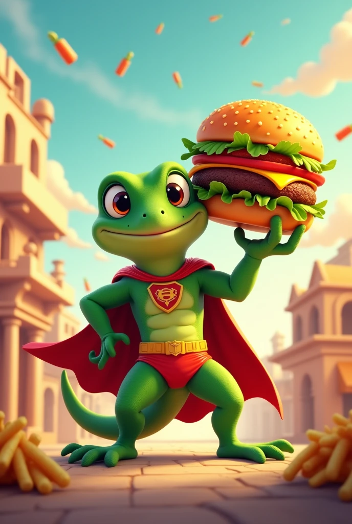 A lizard, a cute and cuddly Super Hero Captain Calango. Protector of burgers and fries.
Lifting a giant burger.