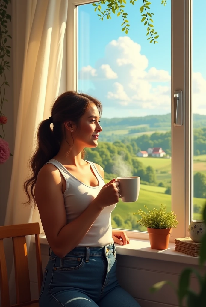 Make an image about a robust woman drinking coffee while looking out the window on a cheerful morning