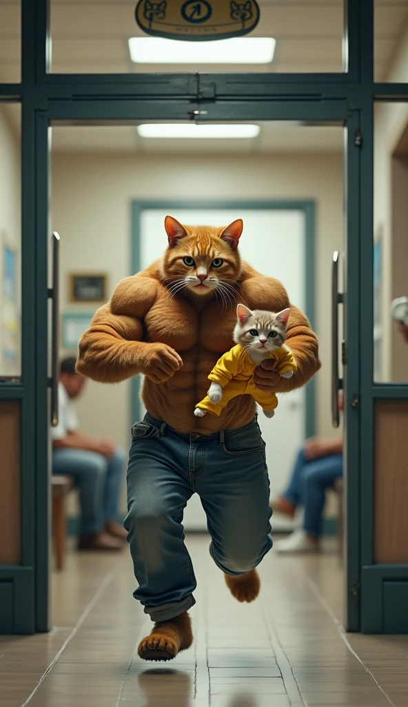 Create a photorealistic image of a six pack father cat wearing jeans outfit bursts through the doors of a cat hospital. A large hospital sign hangs above the doors. Inside, there’s a waiting area with a few cats seated, while the father cat runs toward the reception desk holding his kitten. Kitten wearing yellow jeans outfit 