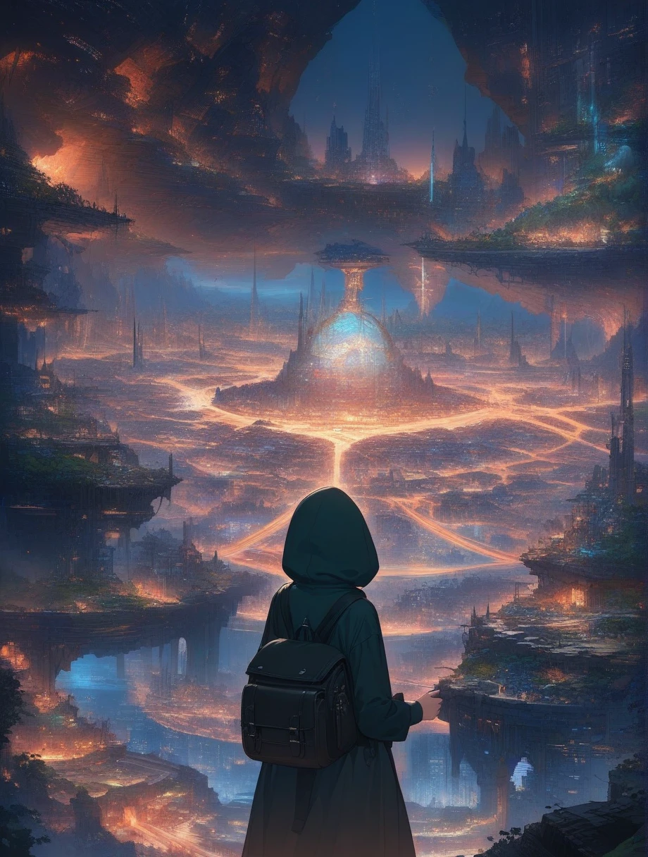 score_9, score_8_up, score_7_up, score_anime, masterpiece, best quality, delicate illustration, sharp line, sharp focus, BREAK,Traveler girl wandering in the ruins of endless night, the girl is wearing a hood, a lot of baggage in her backpack.,Night, future city, fantastic landscape, beautiful scenery, harmony with nature, spectacular view, machine city,((dark))