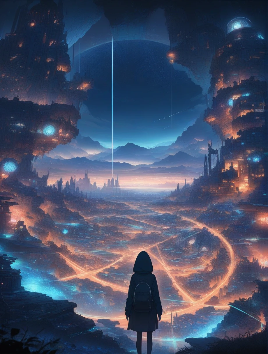 score_9, score_8_up, score_7_up, score_anime, masterpiece, best quality, delicate illustration, sharp line, sharp focus, BREAK,Traveler girl wandering in the ruins of endless night, the girl is wearing a hood, a lot of baggage in her backpack.,Night, future city, fantastic landscape, beautiful scenery, harmony with nature, spectacular view, machine city,((dark))