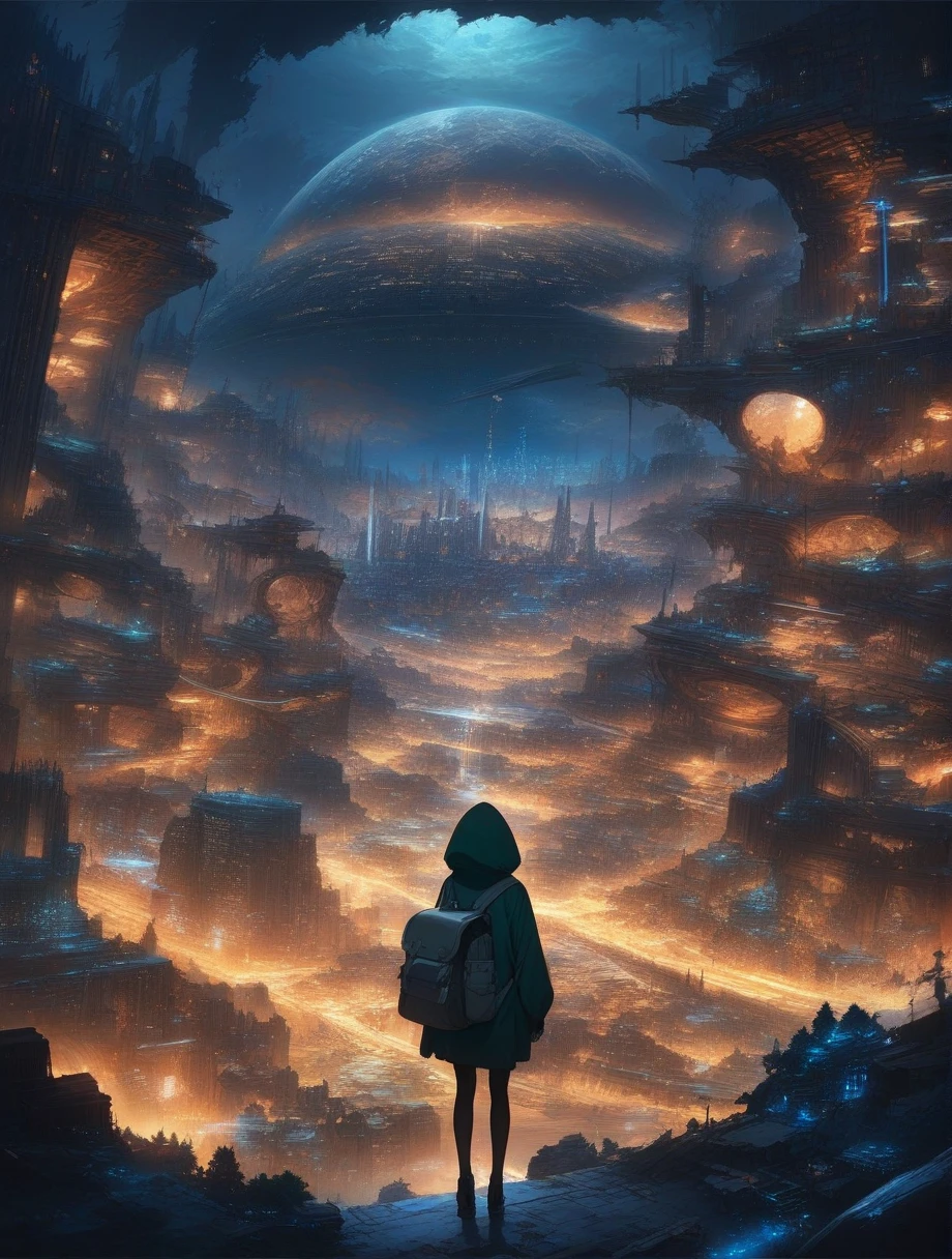 score_9, score_8_up, score_7_up, score_anime, masterpiece, best quality, delicate illustration, sharp line, sharp focus, BREAK,Traveler girl wandering in the ruins of endless night, the girl is wearing a hood, a lot of baggage in her backpack.,Night, future city, fantastic landscape, beautiful scenery, harmony with nature, spectacular view, machine city,((dark))