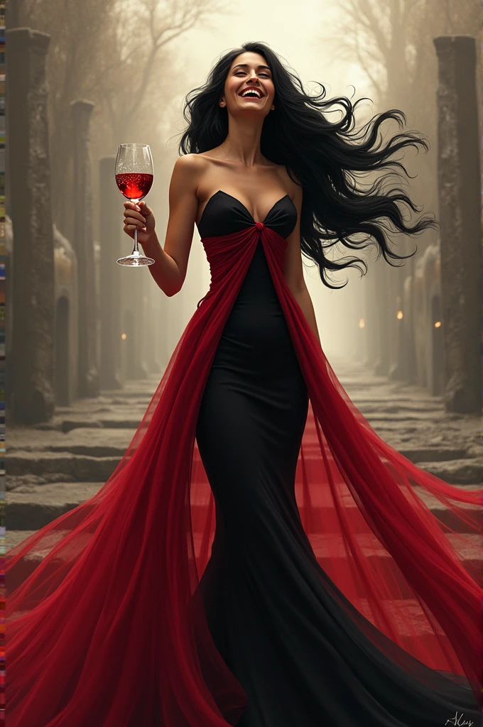 Woman with long black hair , long red and black dress , With a glass of wine in hand , laughing at the crossroads